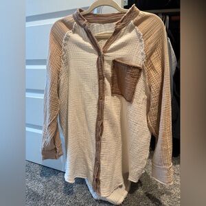 Aerie Cream and Brown Button Down Shirt